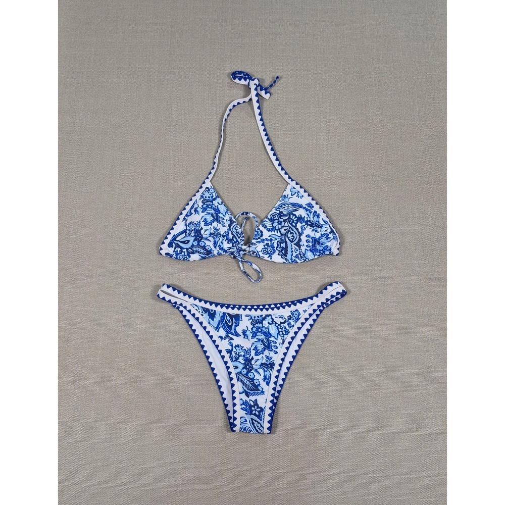 Blue White Floral Porcelain low Rise Bikini Two Piece Swimsuit Size Medium